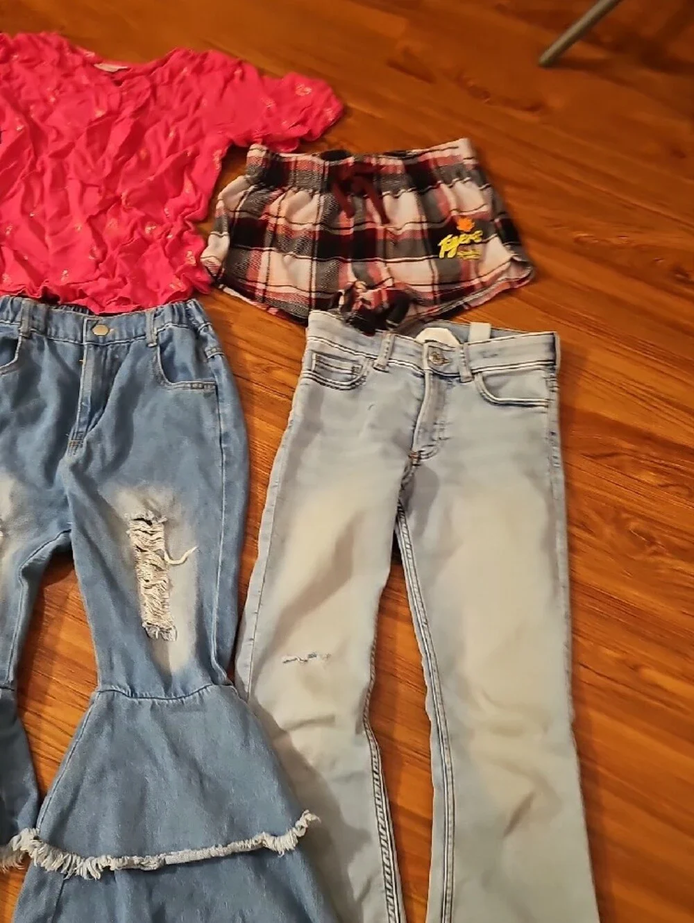 Old Navy Kids Black Graphic Tee, Pink Ruffle Top & Pink Plaid Shorts